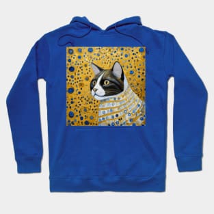 Gustav Klimt Style Tuxedo Cat with Blue and Gold Striped Coat Hoodie